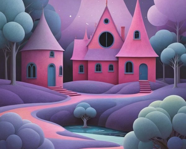 Whimsical Landscape with Pink Houses and Starry Sky
