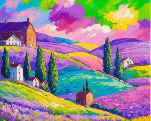 Vibrant Landscape with Rolling Hills and Cottages