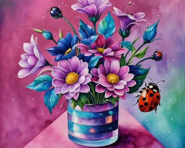Vibrant Flower Bouquet in Striped Glass Vase
