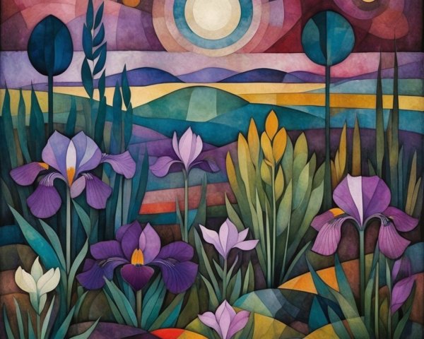 Vibrant Stylized Landscape with Floral Elements