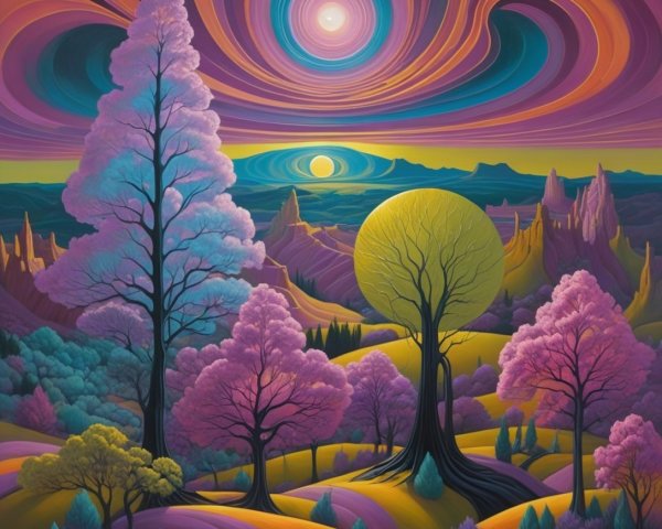 Surreal Landscape with Lavender Trees and Colorful Sky