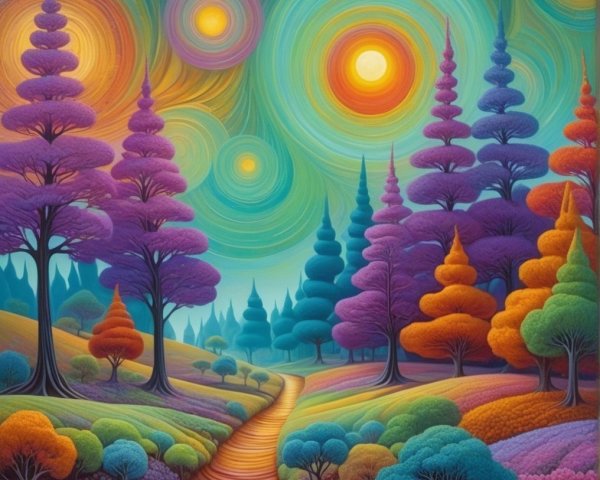 Surreal Landscape with Colorful Trees and Sky
