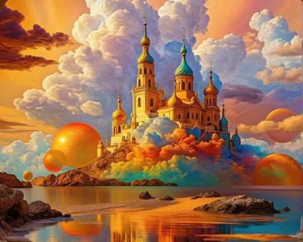Surreal Landscape with Majestic Castle and Colorful Clouds