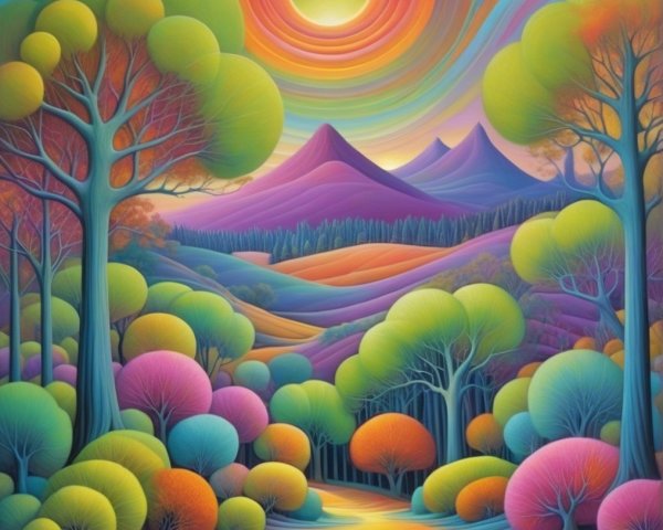 Surreal Landscape with Colorful Trees and Mountains