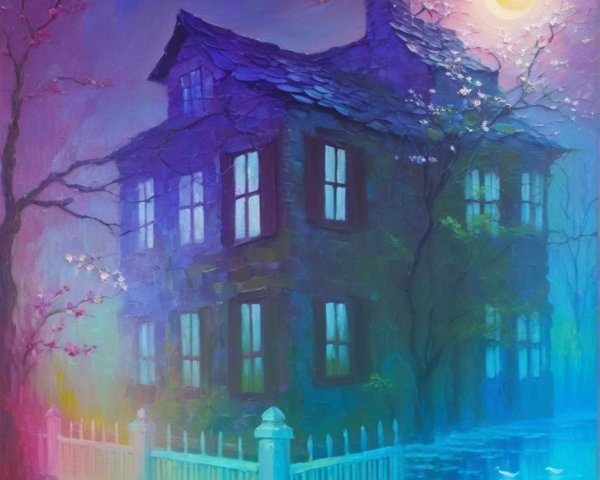 Dreamlike Scene of Colorful House Under Moonlight