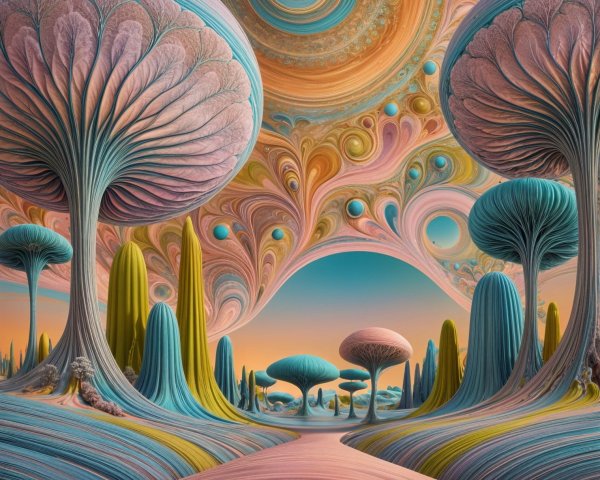 Surreal Landscape with Colorful Trees and Whimsical Hills