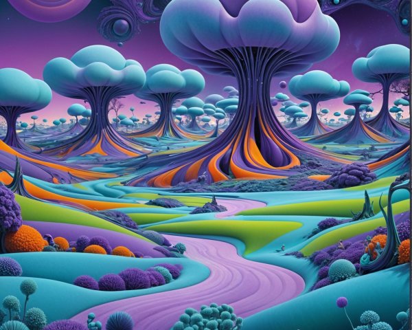 Surreal Landscape with Colorful Mushroom Trees