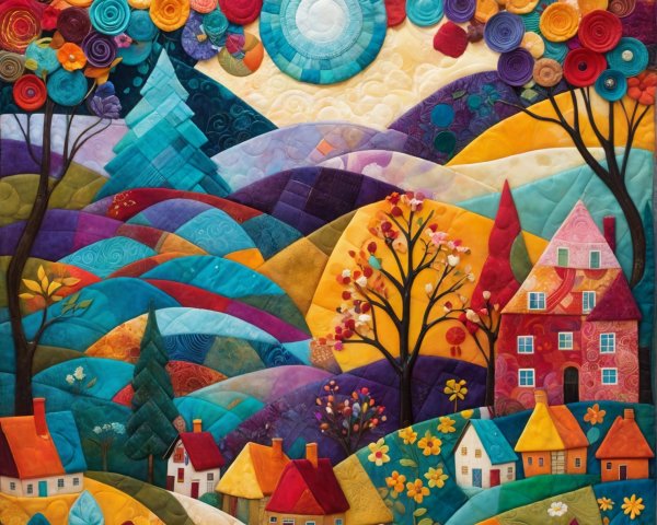 Vibrant Quilted Landscape with Colorful Hills and Sun