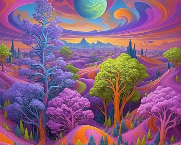 Surreal Landscape with Colorful Trees and Planet