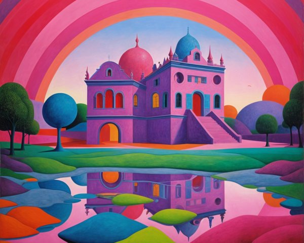 Surreal Landscape with Colorful Building and Lake