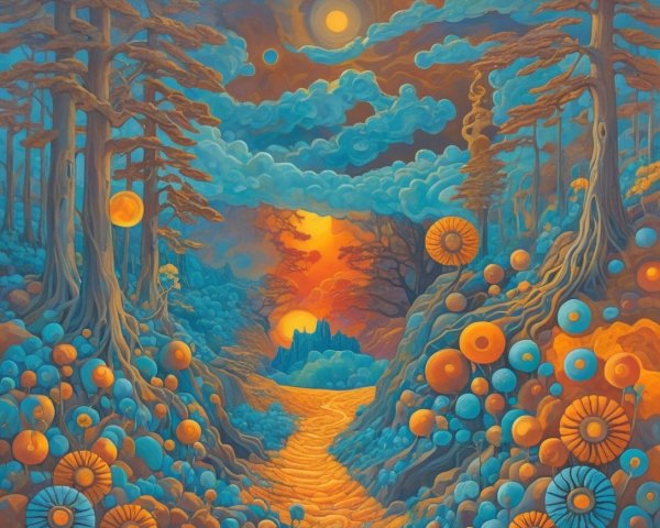 Surreal Landscape with Vibrant Colors and Celestial Elements