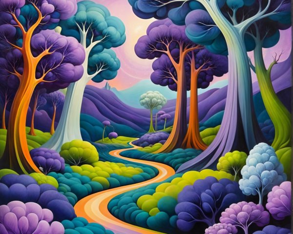 Vibrant Landscape with Whimsical Trees and Hills