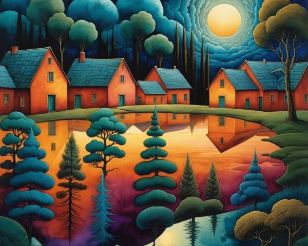 Vibrant Landscape with Lake and Colorful Houses