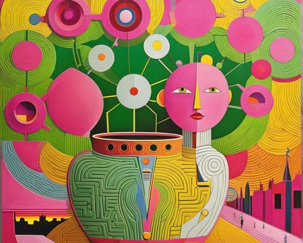 Abstract Artwork with Vase and Woman's Head Design