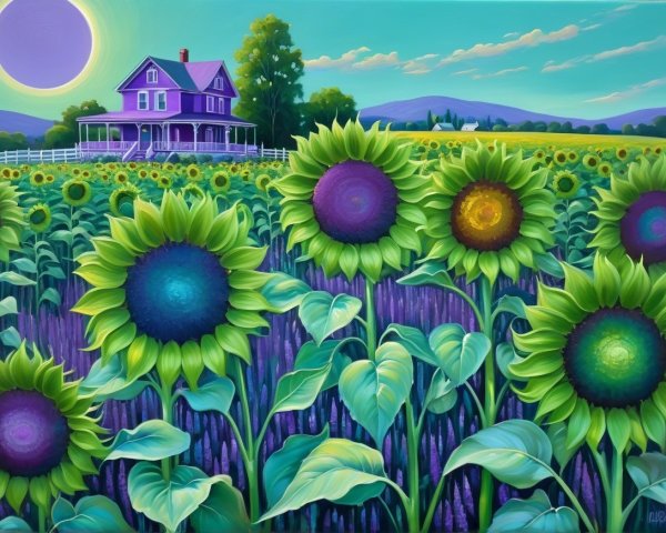 Vibrant Landscape with Purple House and Sunflowers
