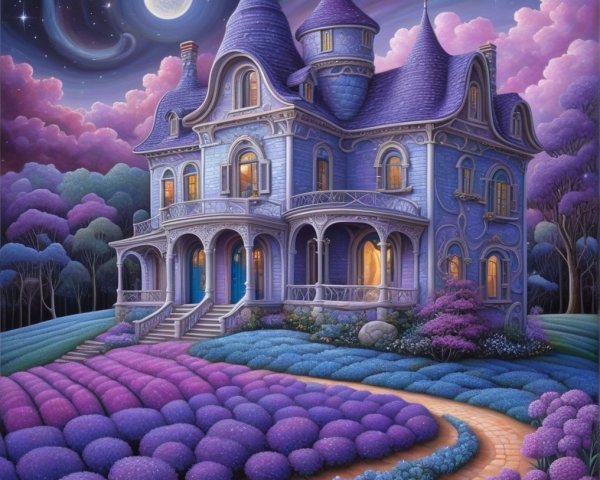 Blue Mansion Surrounded by Lavender Fields at Night