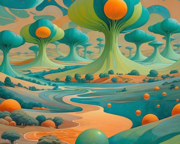 Surreal Landscape with Orange Canopy Trees and River