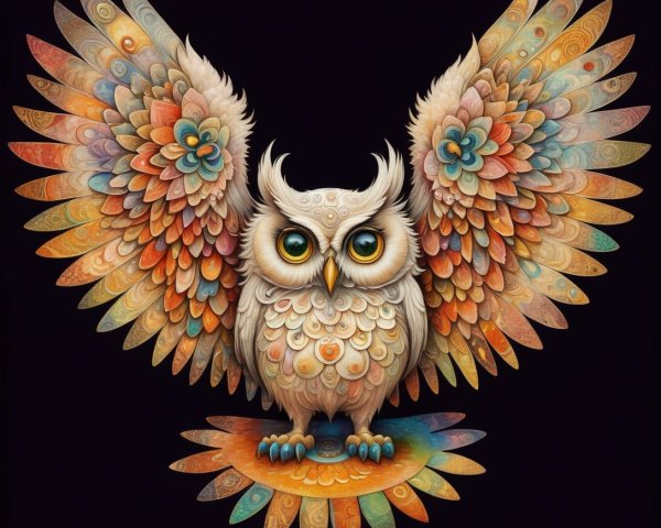 Whimsical Owl with Vibrant Wings and Intricate Patterns