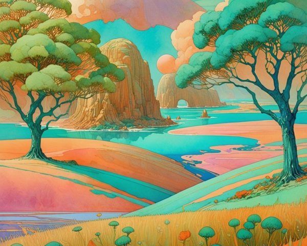 Surreal Landscape with Vibrant Colors and Whimsical Elements