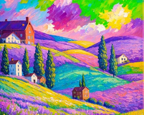 Vibrant Landscape with Lavender Fields and Cottages