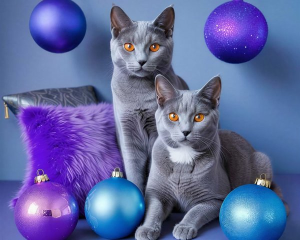 Gray Cats with Orange Eyes and Purple Ornaments