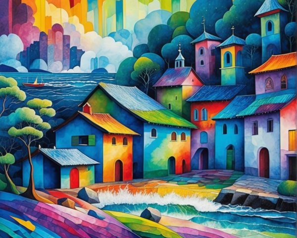 Colorful Waterfront Village Landscape with Lush Trees