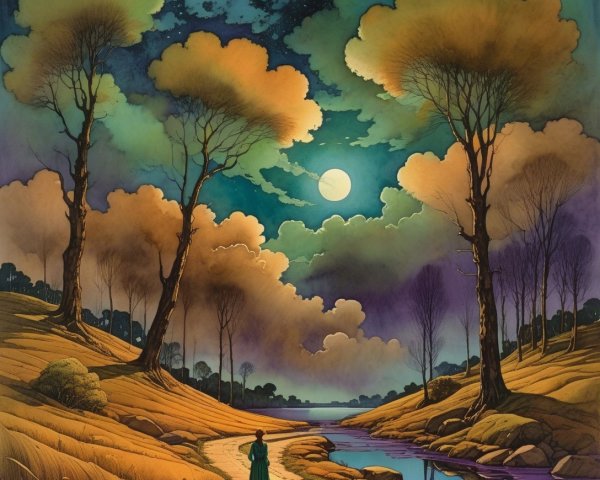 Twilight Landscape with Winding Path and River