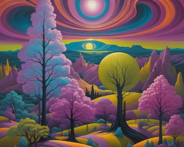 Surreal Landscape with Oversized Trees and Bold Colors