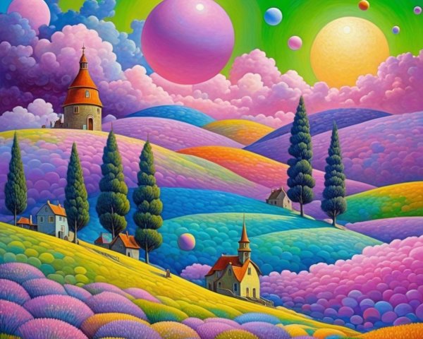 Vibrant landscape with colorful hills and whimsical trees