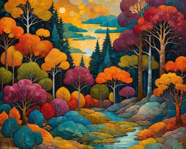 Vibrant Autumn Landscape with Flowing River and Trees