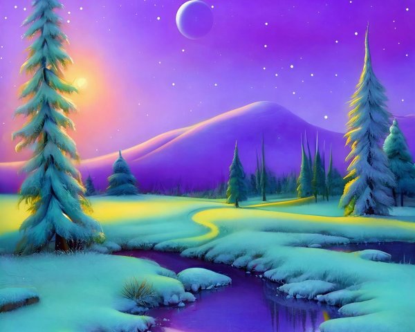 Fantastical Winter Landscape with Glowing River and Trees