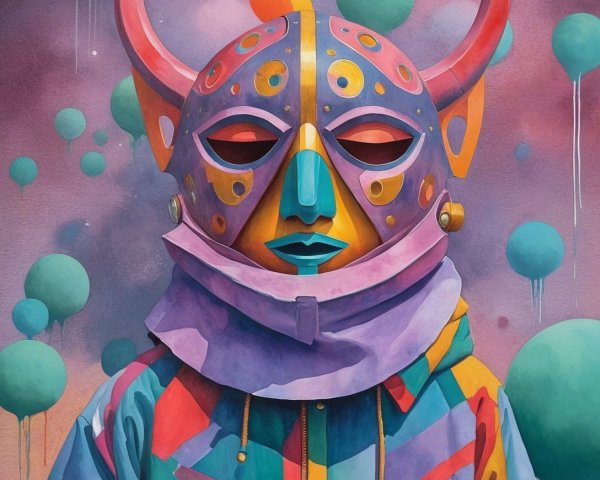 Vibrant Surreal Character with Colorful Mask and Spheres