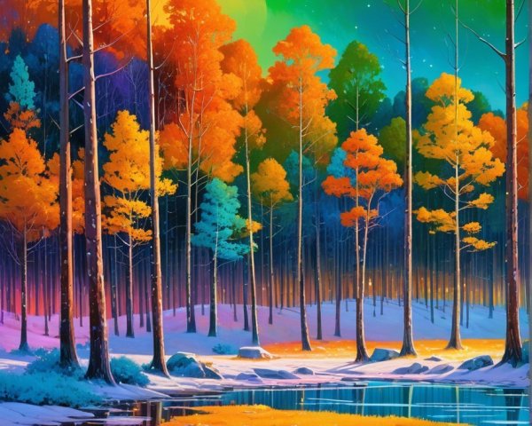 Vibrant Autumn Landscape with Moonlit Pond Reflection
