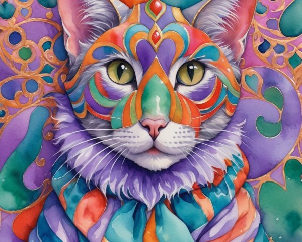 Vibrant Illustration of a Colorful Patterned Cat