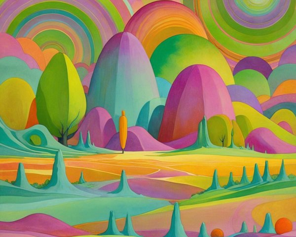 Vibrant landscape with colorful hills and surreal mountains