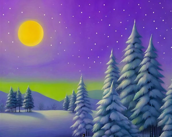 Nighttime Winter Landscape with Moon and Aurora Borealis