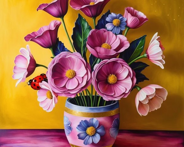 Vibrant Flower Bouquet in Decorative Vase with Ladybug