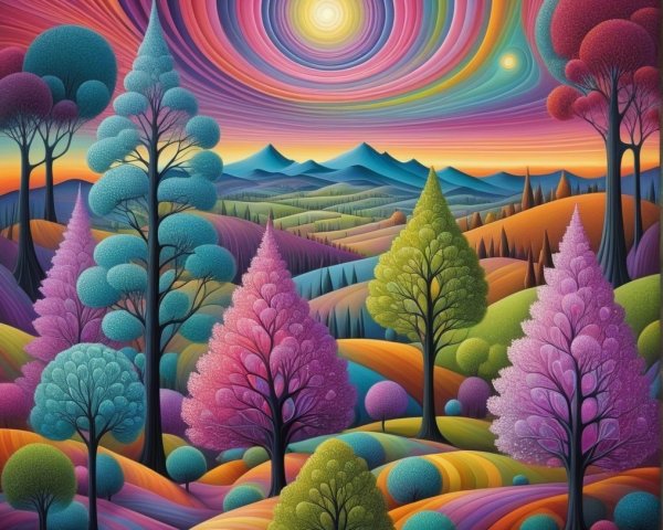 Surreal Colorful Landscape with Lush Trees and Hills