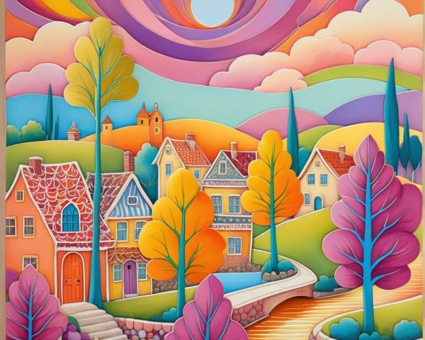 Whimsical landscape with colorful houses and trees