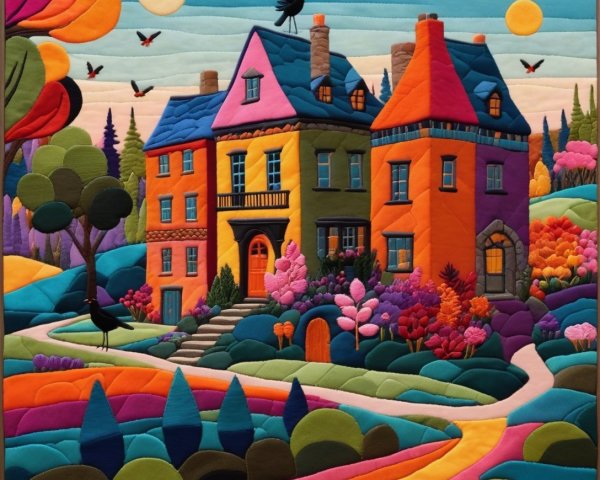 Vibrant Quilt Artwork of a Whimsical House Landscape