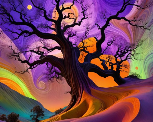 Surreal Landscape with Twisted Tree and Vibrant Sky