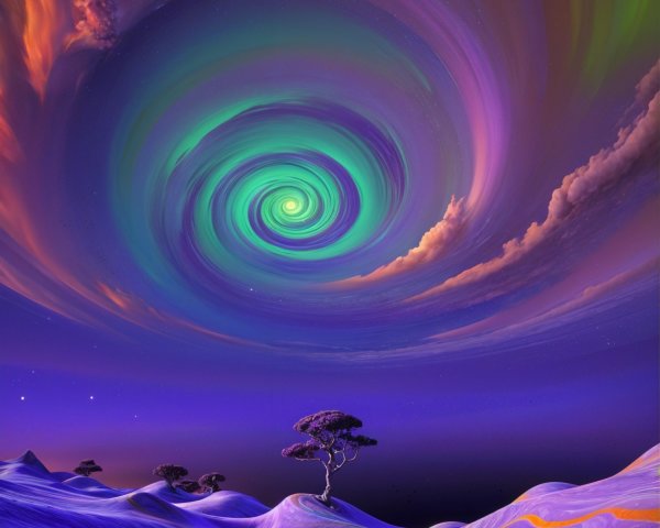 Vibrant Vortex and Surreal Landscape with Twisted Tree