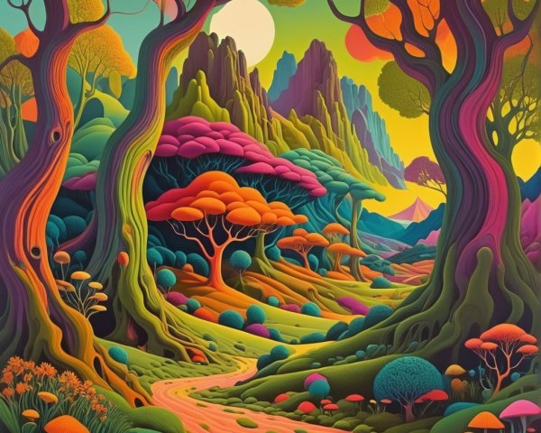 Surreal Landscape with Colorful Trees and Mountains