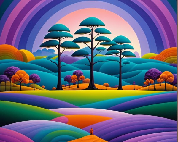 Vibrant Surreal Landscape with Colorful Hills and Trees