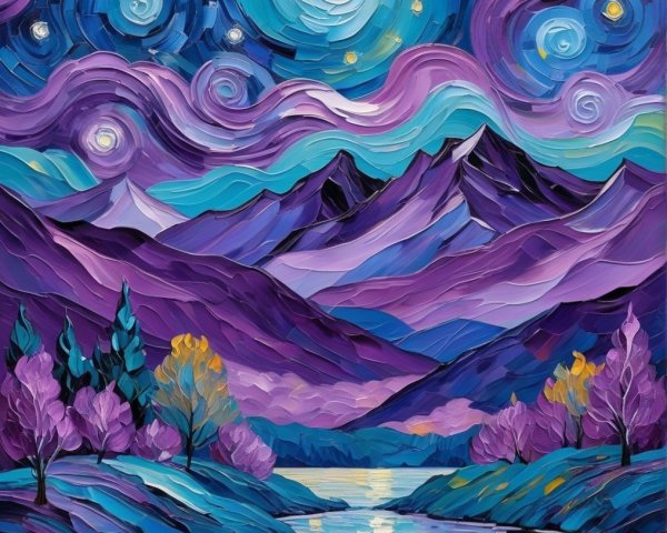Vibrant Night Sky Over Purple Mountains and Lake