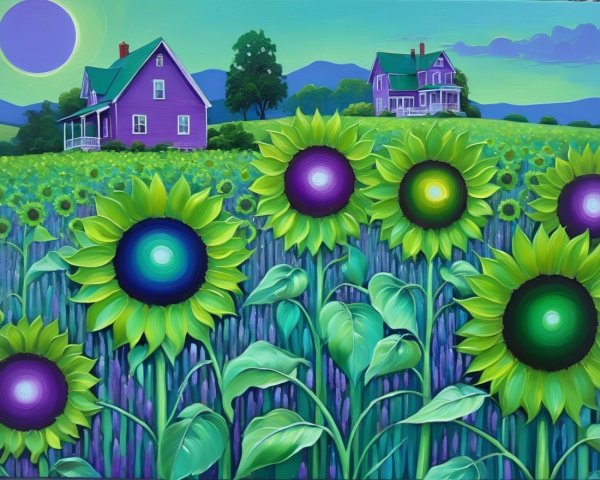 Vibrant Landscape with Purple Houses and Sunflowers