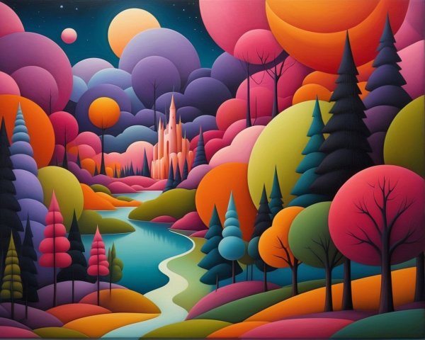 Whimsical Twilight Landscape with Colorful Trees and Castle