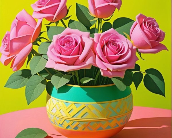 Colorful Vase with Pink Roses on Pastel Table