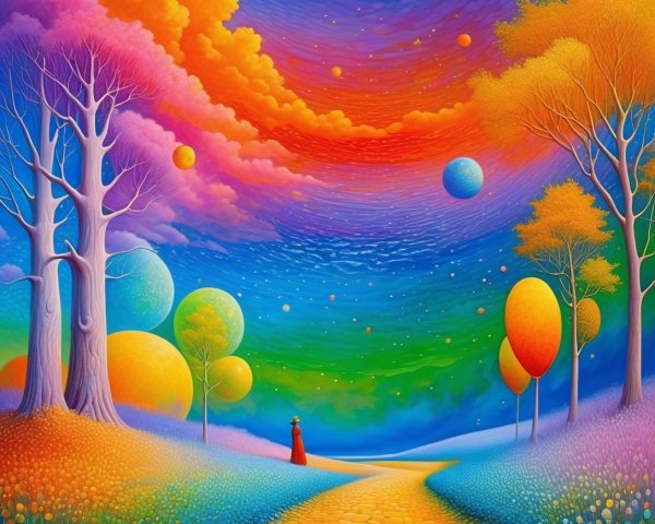 Surreal Landscape with Golden Path and Colorful Trees