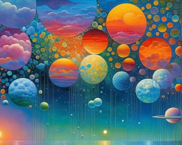 Surreal Landscape with Vibrant Planets and Water